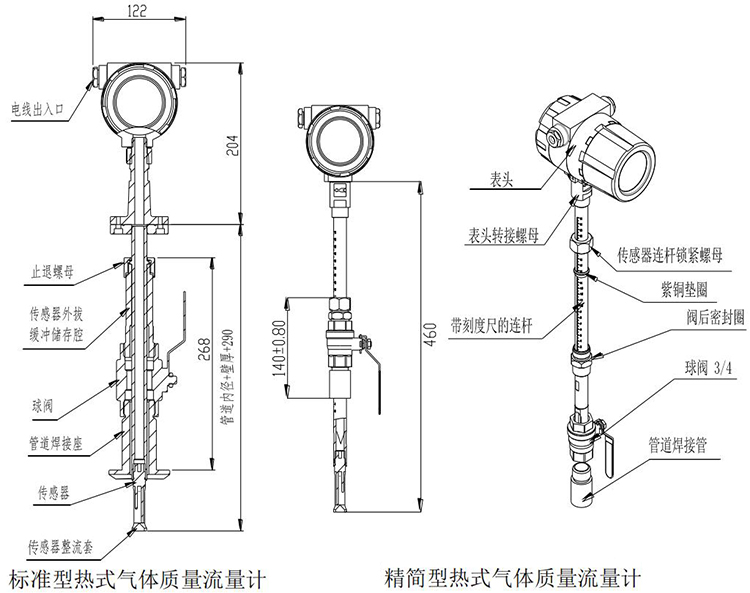 熱式氣體質量流量計插入式結構尺寸圖