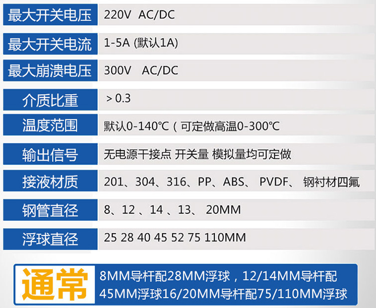 防爆磁浮球式液位計技術參數對照表