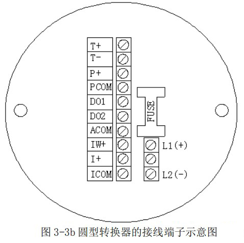 污水流量計圓型轉換器的接線端子示意圖